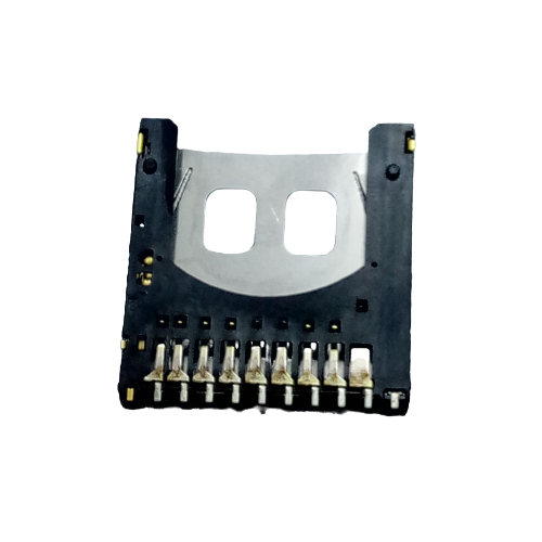 SD memory card slot card - a black plastic connector component with a silver metal top plate and a row of gold-coloured contact pins at the base.