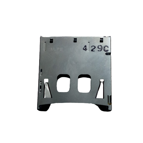 SD memory card slot card - a silver-coloured metal component with two rectangular cutouts and the text "ALPS" and "4129C" printed on the surface.