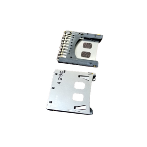 SD memory card slot card - shown as two separate silver and black metal components with visible connector pins and a printed code.