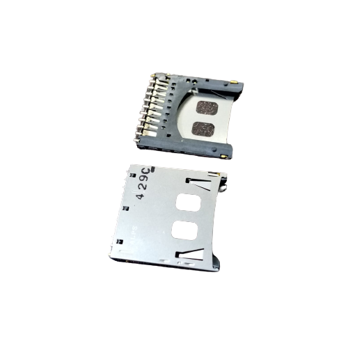 SD memory card slot card - shown as two separate silver and black metal components with visible connector pins and a printed code.