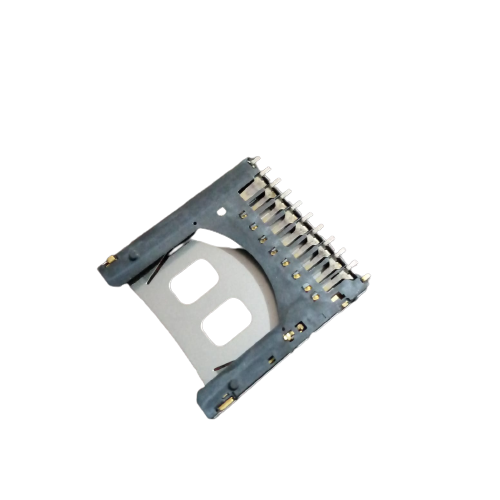 SD memory card slot card - a close-up view of a dark grey plastic card connector featuring multiple metallic contact pins and a silver metal mounting bracket.