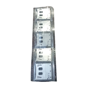 SD memory card slot card - shown as five silver metal components sealed in a clear plastic carrier tape strip.