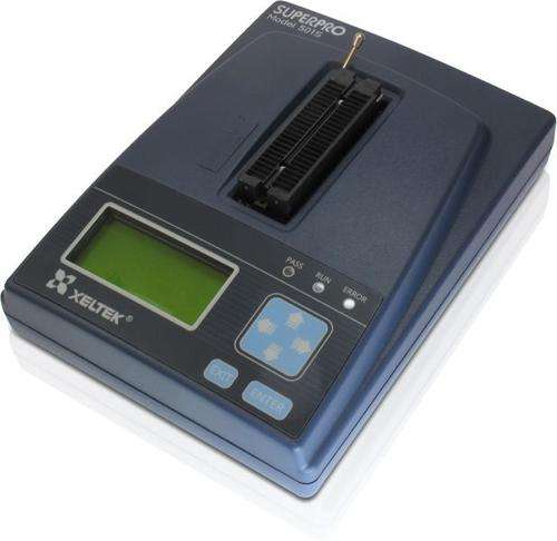 Second hand SuperPro 501S Universal Programmer | High-Speed IC Programming | Digilog.pk - a dark blue device with a central ZIF socket, an LCD screen, a directional keypad, and status indicator LEDs.