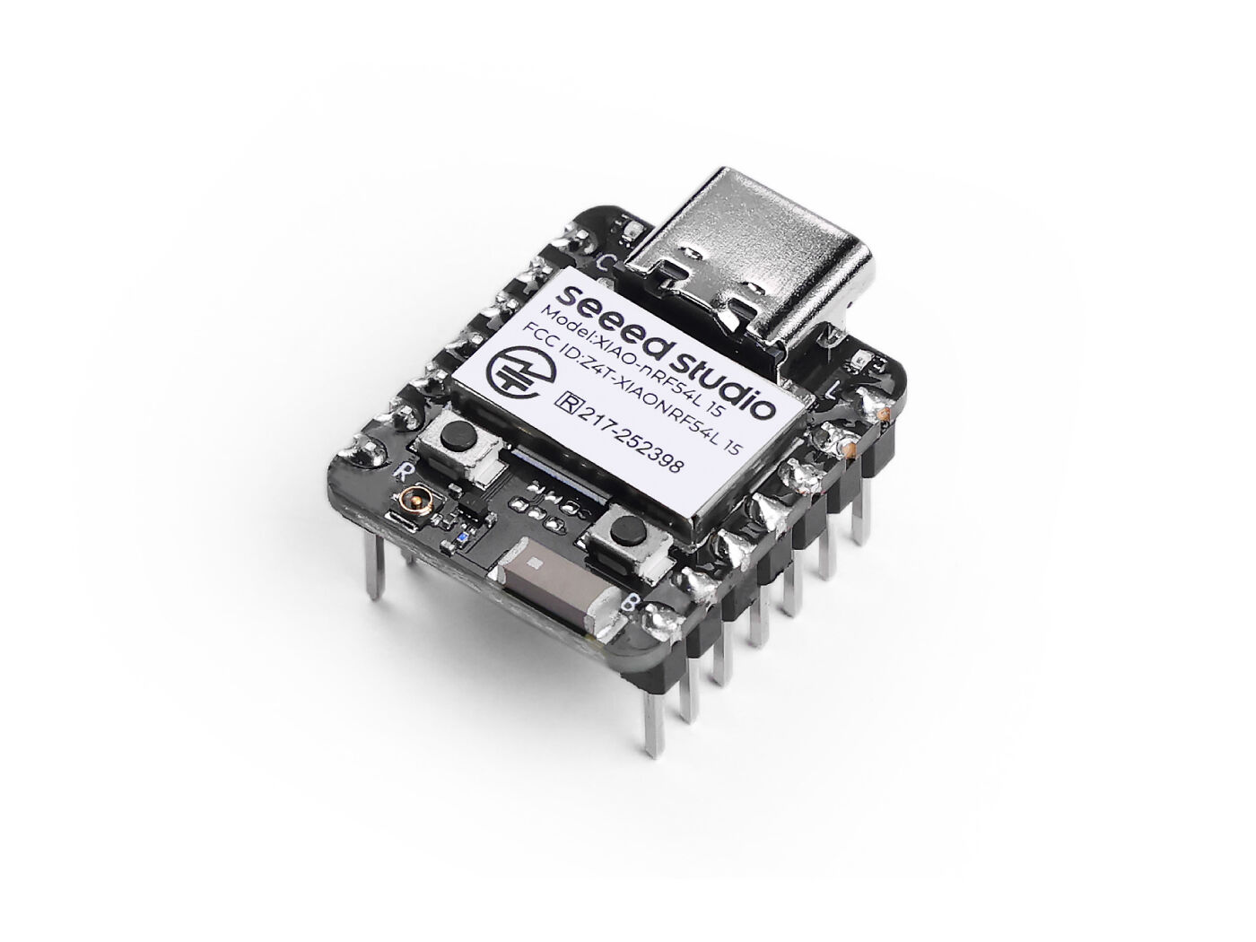 Seeed Studio XIAO NRF54L15 Pre-Soldered - On Demand (Min Order 5 Pcs) - a small black microcontroller board with a USB-C port, two buttons, and pre-soldered header pins.