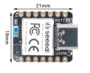 Seeeduino XIAO BLE SENSE NRF52840 | Bluetooth-compatible BLE 5.0 | Arduino Development Board - Digilog.pk - a black rectangular development board with a USB-C port, reset button, and dimension labels for 21mm and 18mm.