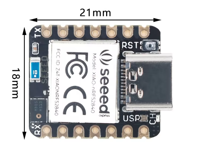 Seeeduino XIAO BLE SENSE NRF52840 | Bluetooth-compatible BLE 5.0 | Arduino Development Board - Digilog.pk - a black rectangular development board with a USB-C port, reset button, and dimension labels for 21mm and 18mm.