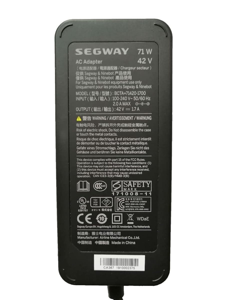 SEGWAY 42V 1.7A Power Supply Adapter - a black rectangular AC adapter showing technical specifications and safety certifications printed on its surface.