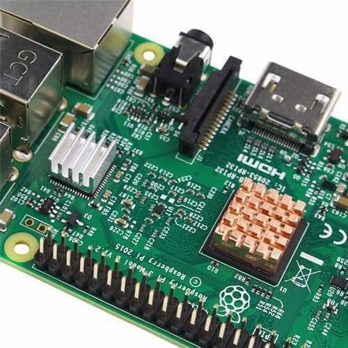 Self Adhesive Pure Copper Heat Sink For Raspberry Pi 3 Pi 3 B+ - B+ installed on a green Raspberry Pi 3 Model B circuit board with visible ports and pins.