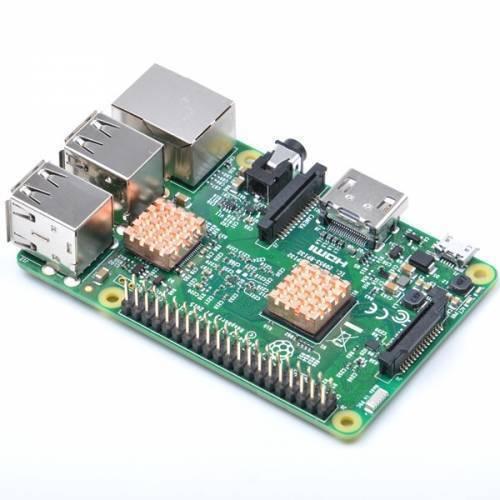 Self Adhesive Pure Copper Heat Sink For Raspberry Pi 3 Pi 3 B+ - shown installed on a green Raspberry Pi circuit board with USB, HDMI, and Ethernet ports.