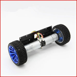 Self Balancing Robot Chassis With Wheel And Encoder Motors - two blue wheels, silver motors with encoders, and a black metal mounting bracket.