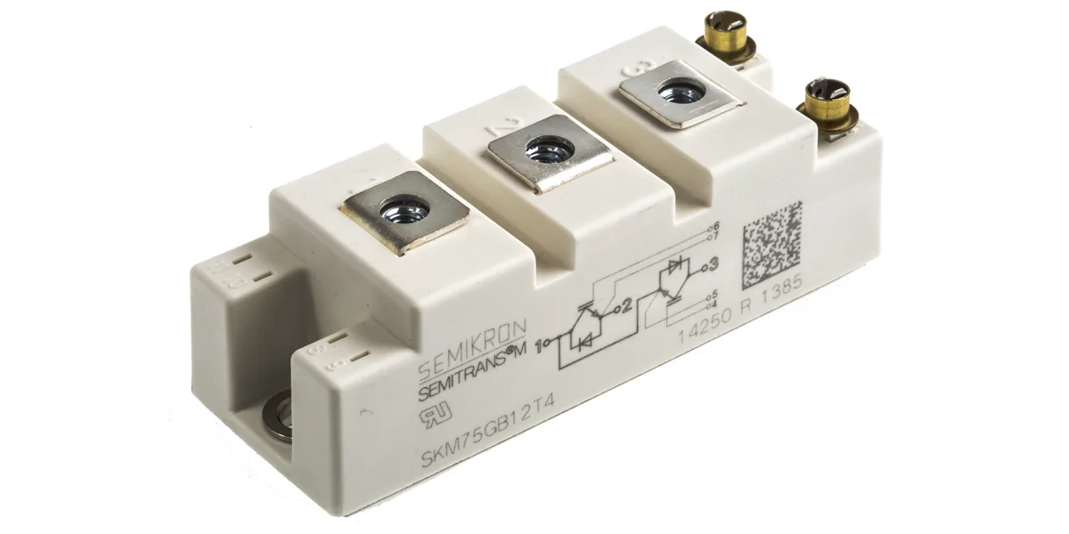 Semikron SKM75GB12T4 IGBT Module - a white rectangular power electronic component with three metal screw terminals and a printed circuit diagram.