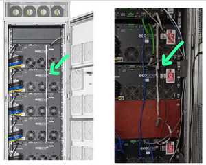 Serial Modbus Daisy Chain Cable - shown as a flat, grey ribbon cable connecting multiple black Ecosine power modules in a rack-mounted configuration.
