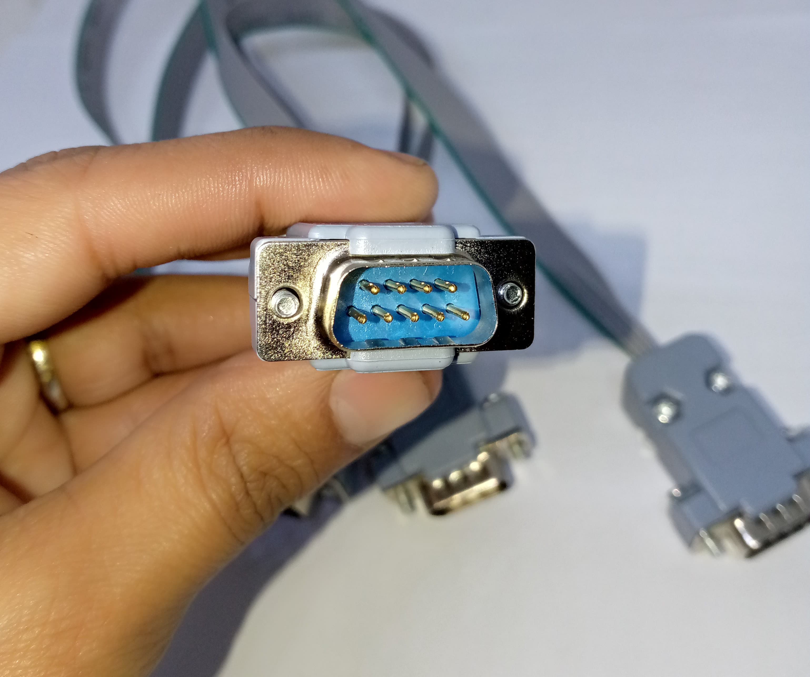Serial Modbus Daisy Chain Cable - a close-up showing a grey ribbon cable with a male 9-pin D-sub connector held in a hand.
