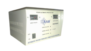 Servo Motor Automatic Voltage Regulator AVR - a white box-shaped device with two analog voltage meters, an on/off switch, and status indicator lights.