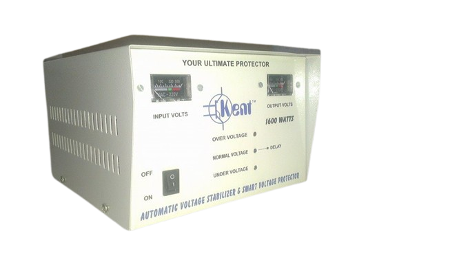 Servo Motor Automatic Voltage Regulator AVR - a white box-shaped device with two analog voltage meters, an on/off switch, and status indicator lights.