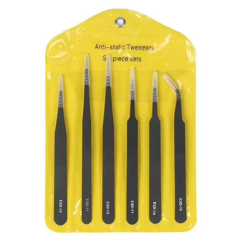 Set of 6 Non-Magnetic Stainless Steel Tweezers - ESD Safe - shown as a six-piece set in a yellow plastic storage pouch with individual slots.