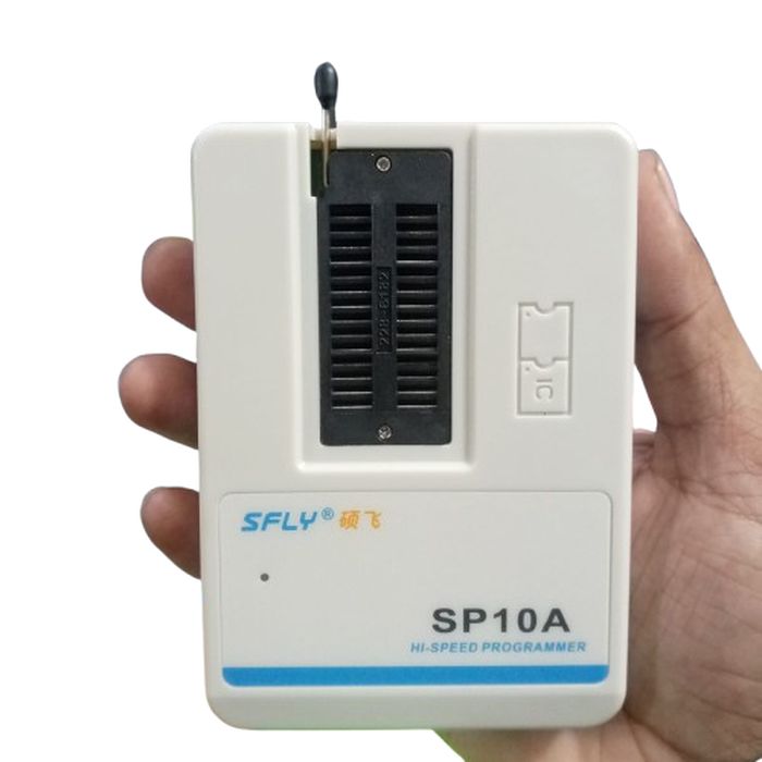 SFLY EPROM Bios Flash Isp USB Programmer SP10-A - Hi-Speed Programmer, a white handheld device with a black ZIF socket, held in a hand against a white background.