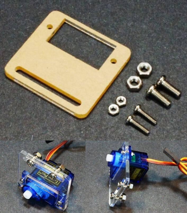 SG90 MG90 Servo Bracket Mount Acrylic - shown as a kit with a transparent acrylic plate, two screws, and two nuts, plus two views of the assembled mount.