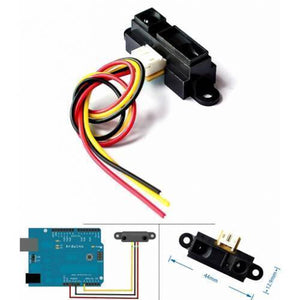 Sharp Distance Measuring Sensor unit 10 to 80 cm – GP2Y0A21YK0F - shown with its wiring harness, a dimension diagram, and a wiring schematic for an Arduino board.