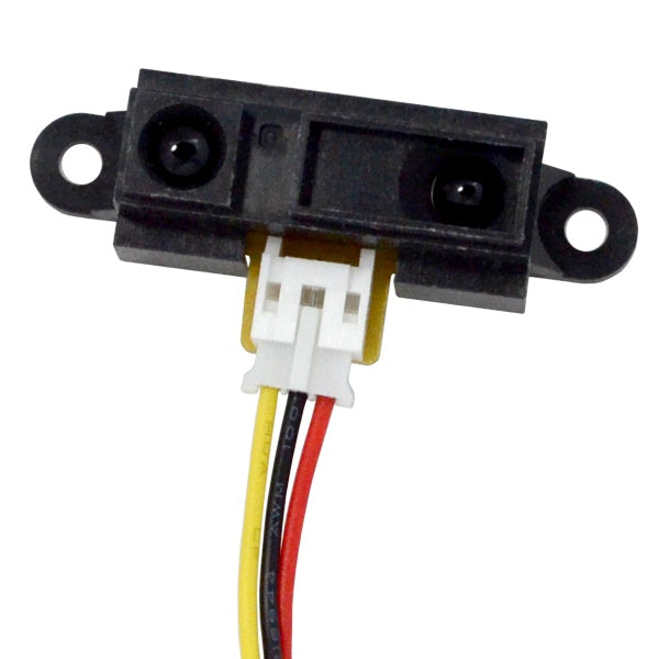 Sharp Distance Measuring Sensor unit 10 to 80 cm – GP2Y0A21YK0F - a black rectangular sensor module with two circular lenses and a white three-pin connector with attached wires.