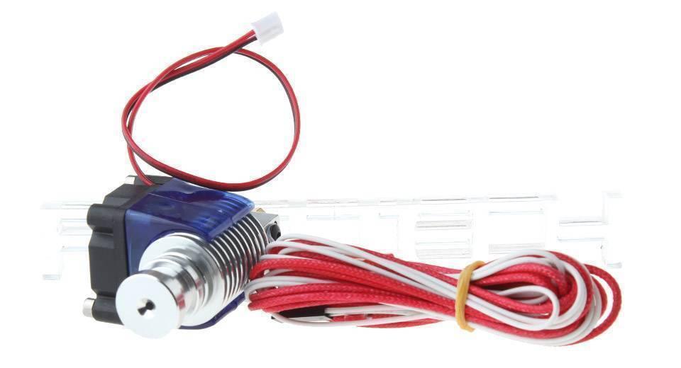 Short Distance V6 j Head All Metal Hooted Extruder With Cooling Fan For 1.75/3mm 12V 0.4mm Nozzle - a silver metal hotend, a blue cooling fan, a red and black wire, and a coiled red and white cable.