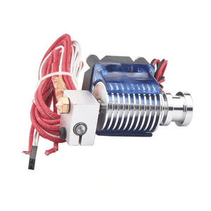 Short Distance V6 j Head All Metal Hooted Extruder With Cooling Fan For 1.75/3mm 12V 0.4mm Nozzle - a silver metal hotend with a brass nozzle, a blue cooling fan, and attached red and white wiring.