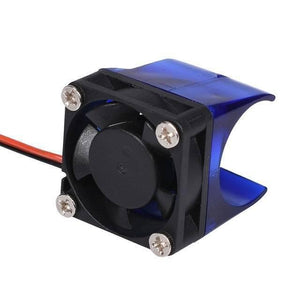 Short Distance V6 j Head All Metal Hooted Extruder With Cooling Fan For 1.75/3mm 12V 0.4mm Nozzle - a black cooling fan attached to a blue plastic shroud with power wires.
