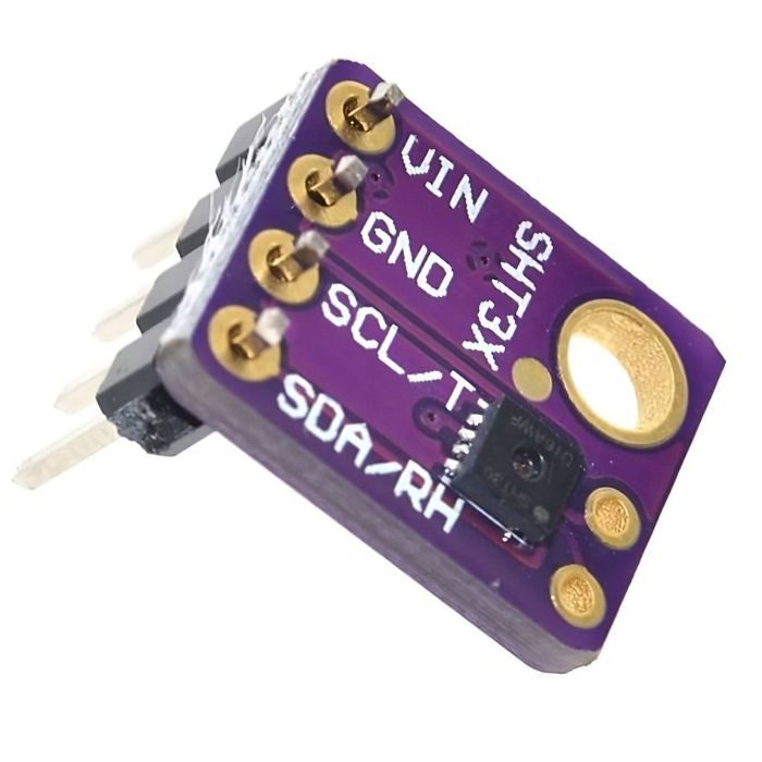 SHT30 I2C Humidity And Temperature Sensor - shown as a purple circuit board with four header pins labeled VIN, GND, SCL, and SDA.