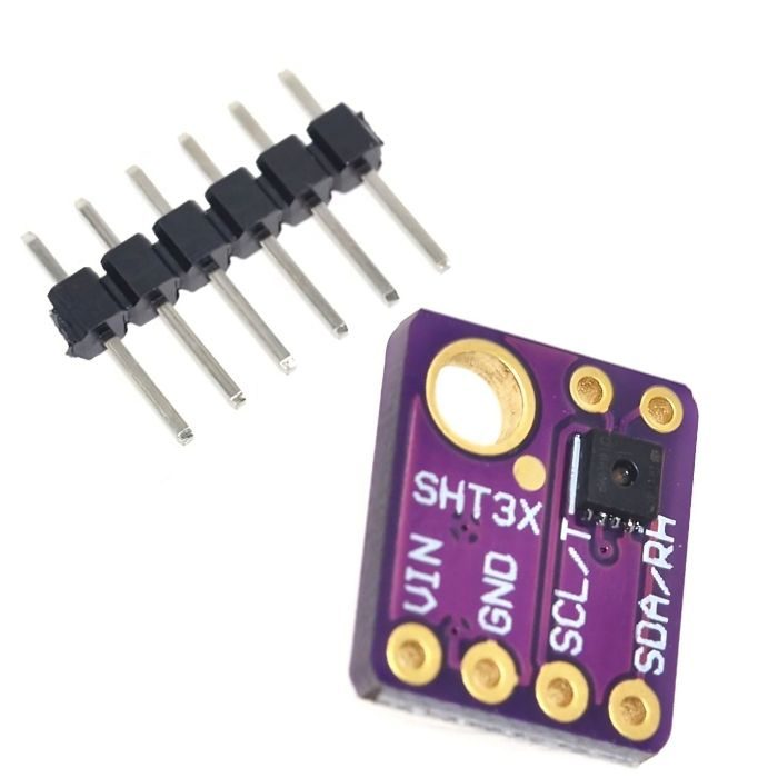 SHT30 I2C Humidity And Temperature Sensor - shown as a purple circuit board with four pin holes and an included six-pin header strip on a white background.