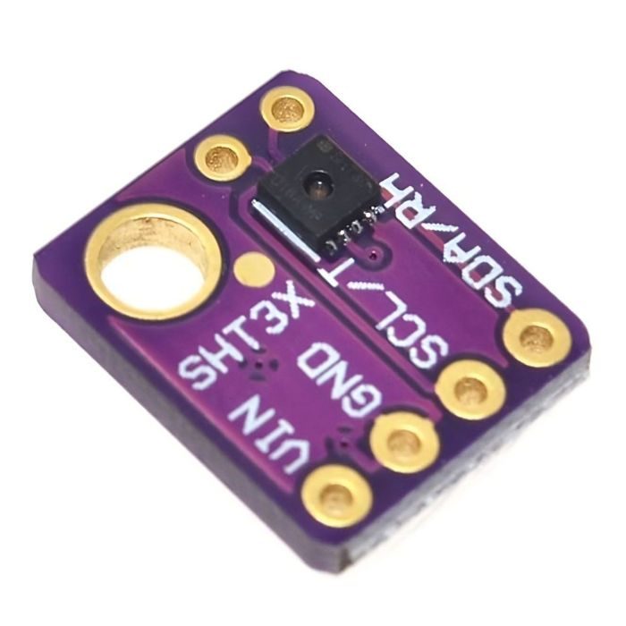 SHT30 I2C Humidity And Temperature Sensor - a small purple rectangular circuit board with a central sensor, mounting hole, and four labeled pin pads.