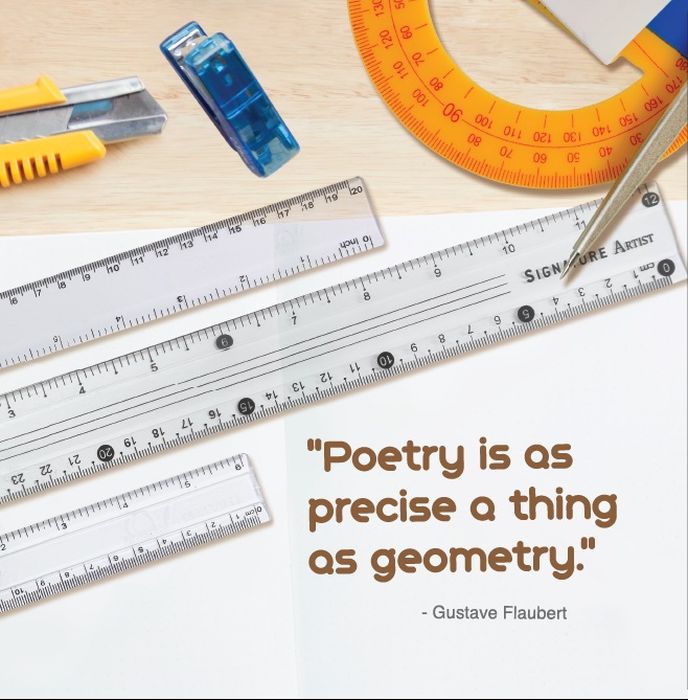 Signature Artist Scale 6 Inches - shown in a flat-lay arrangement with other stationery items and a quote about poetry and geometry on a wooden surface.