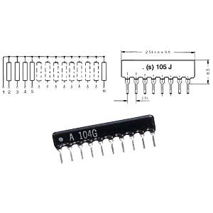 SIL 470R Resistor Pack 7 Resistor 10 pin 470 Ω - shown as a black multi-pin component with a technical schematic diagram and dimension specifications.
