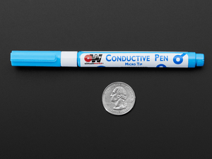 Silver Conductive Ink Pen CW2000 - shown as a blue micro tip marker placed next to a US quarter coin for scale on a black background.