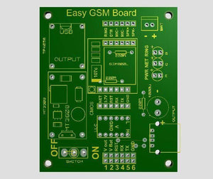 SIM Easy GSM Board With Battery And Charging Circuit - a green printed circuit board with labels for SIM800L, MT3608, TP4056, and various pin headers.