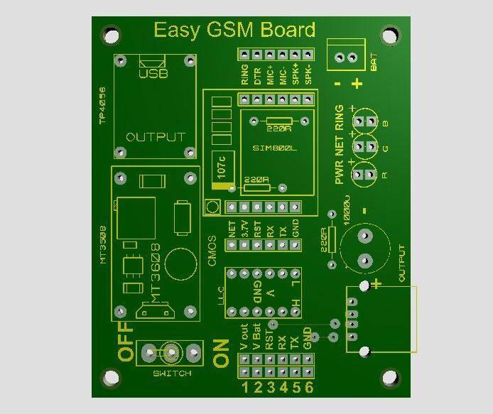 SIM Easy GSM Board With Battery And Charging Circuit - a green printed circuit board with labels for SIM800L, MT3608, TP4056, and various pin headers.