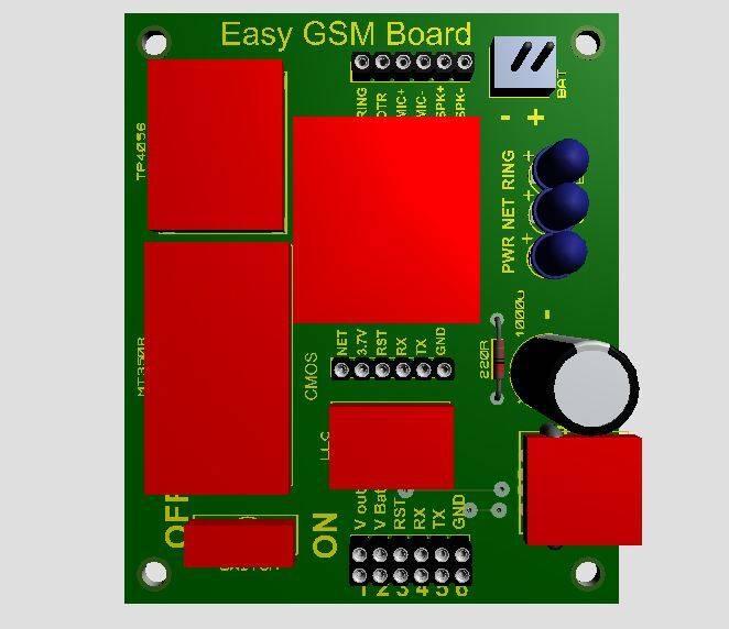 SIM Easy GSM Board With Battery And Charging Circuit - shown as a green rectangular printed circuit board with red components, pin headers, and a capacitor.