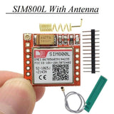 SIM800L GSM Module Micro SIM Card Board - a red PCB with a metal shield, a coiled wire antenna, a pin header strip, and a green PCB antenna.