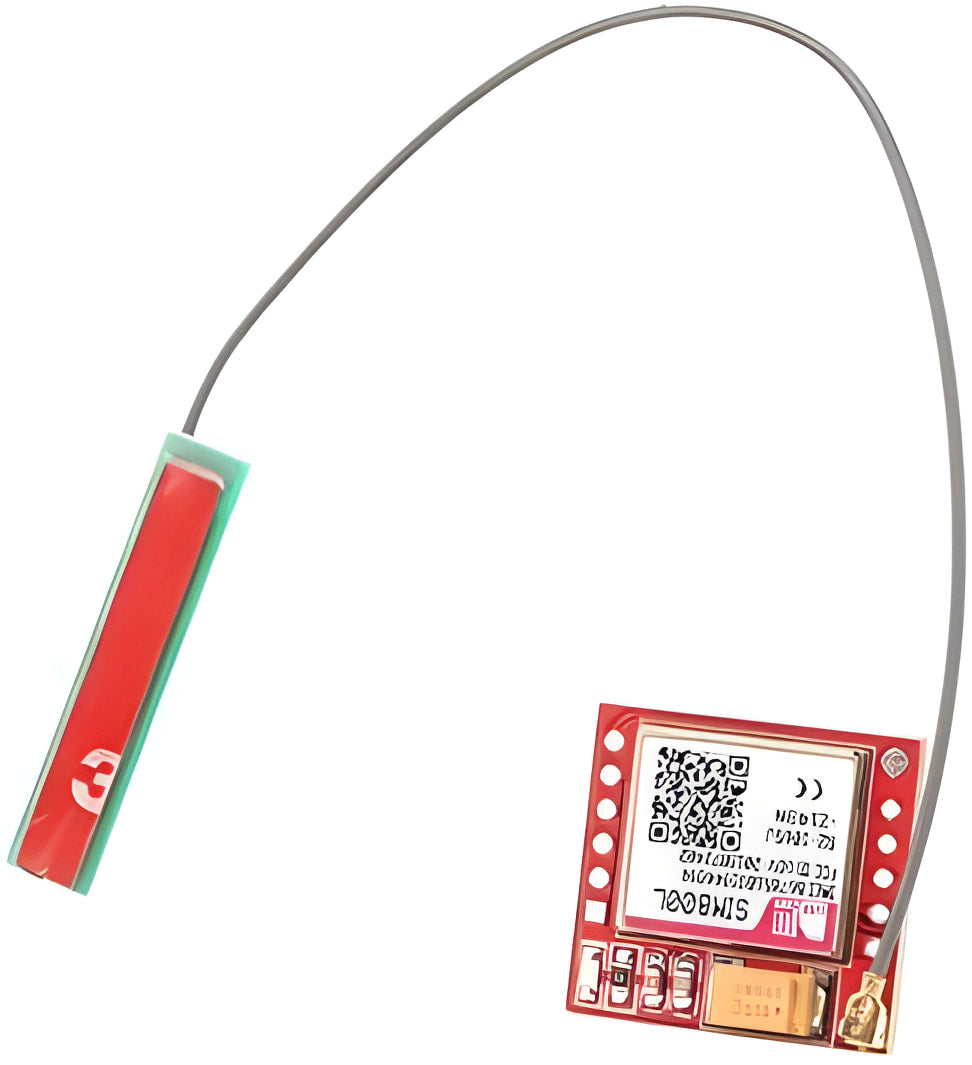 SIM800L GSM Module Micro SIM Card Board Registered With Pta Pre Soldered - a red circuit board with a silver metal shield, a SIM card slot, and an attached antenna with adhesive.
