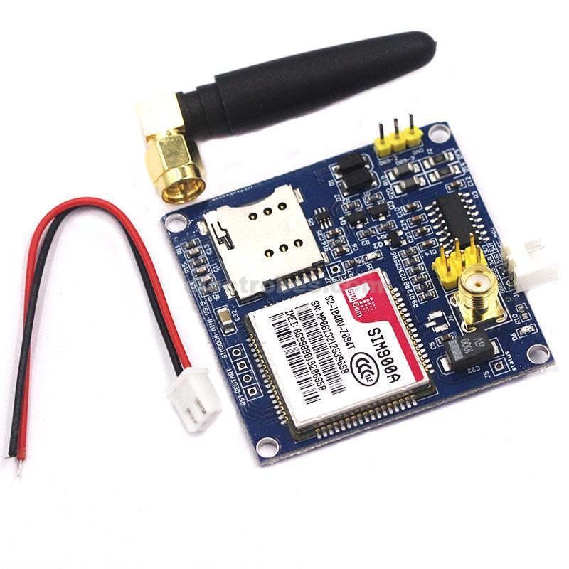 SIM900A Arduino GSM Module Not Approved By Pta - shown with a black antenna, a red and black power cable, and a SIM card slot on the blue circuit board.