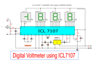 Simple Digital Voltmeter IC ICL7107 - the ICL7107 chip, four 7-segment LED displays, and various electronic circuit components.