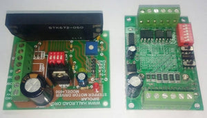 Sine Wave STK672-050 3amp Unipolar 6 Wires Stepper Motor Driver - shown as two green circuit boards featuring screw terminals, a DIP switch, and capacitors.