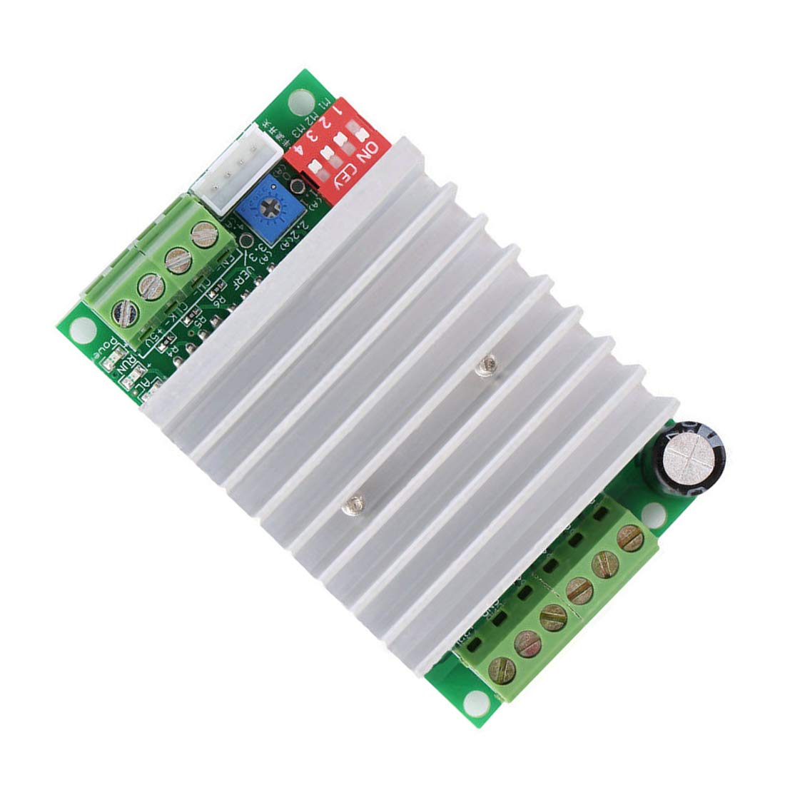 Single Axis TB6600 4.5A DC 12V To 45V Two Phase Hybrid Stepper Motor Driver Controller - a green circuit board with a large silver heatsink, a four-switch DIP block, a blue potentiometer, and screw terminals.