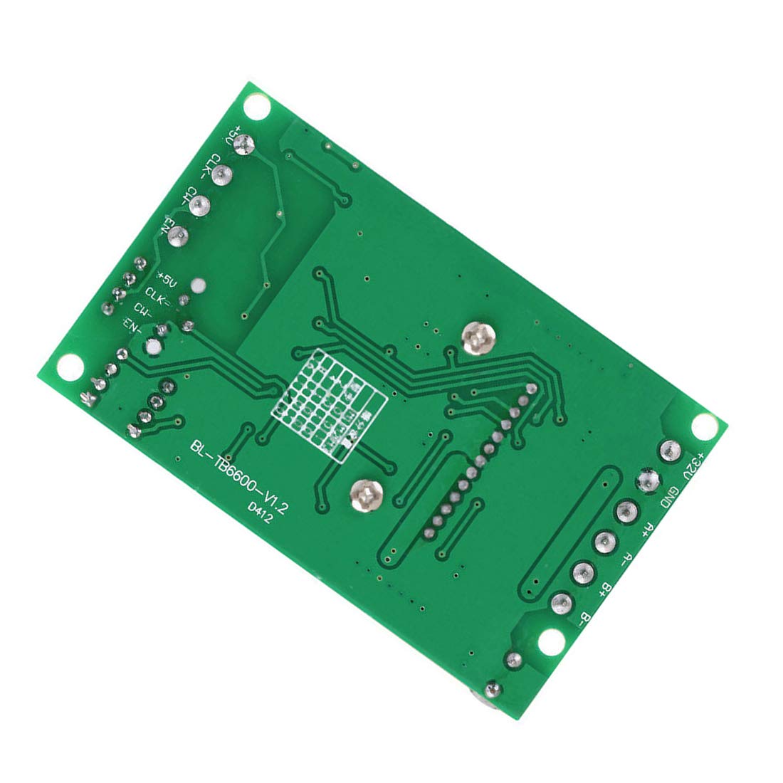 Single Axis TB6600 4.5A DC 12V To 45V Two Phase Hybrid Stepper Motor Driver Controller - the green circuit board underside with labeled terminal pins, mounting holes, and a printed table.