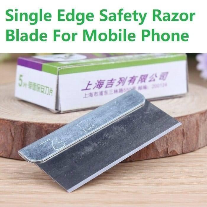 Single Edge Safety Razor Blade For Mobile Phone Repairing Opening Frame Cutting Polarizer Film Remover Tool - a silver metal blade in the foreground and its green and white cardboard box behind it.