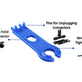 Single Piece Solar MC4 Spanner Wrench Tool for Connect & Disconnect Solar Connector - shown as a blue plastic tool with diagrams illustrating its use for holding, unplugging, and tightening connectors.