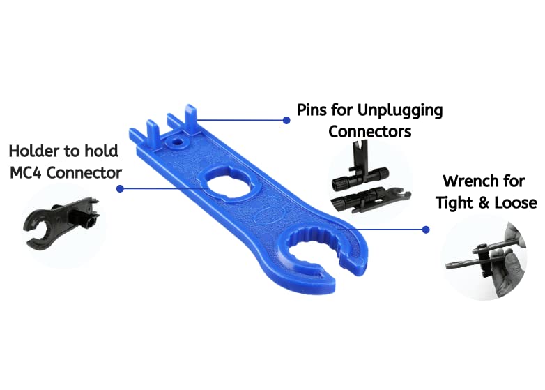Single Piece Solar MC4 Spanner Wrench Tool for Connect & Disconnect Solar Connector - shown as a blue plastic tool with diagrams illustrating its use for holding, unplugging, and tightening connectors.