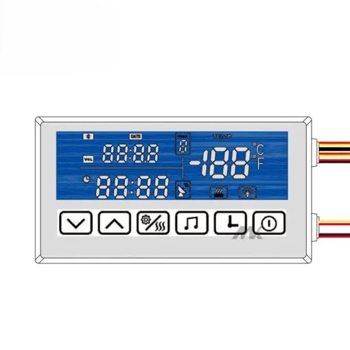 Six Touch switch three color version anti fog Bluetooth horn time display music 5A 60W 12V - rectangular digital control panel with a blue display showing time, date, and temperature.