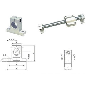 SK8 Sh8a 8mm Linear Rail Shaft Support Xyz Table 3d Printer CNC Mount Rod Holder - shown individually, assembled on a rail, and as a technical dimension diagram.
