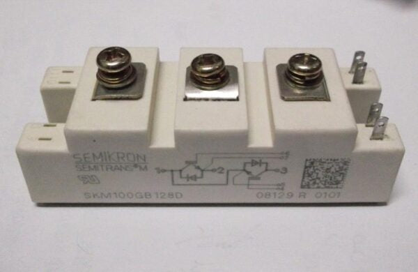 SKM100GB128D 145A 1200V Semikron IGBT Module - a white rectangular power electronic component with three top screw terminals and side blade connectors.