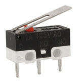 Small Microswitch / Limit Switch - a black and white rectangular body, a metal lever arm, a red button, and three metal connector pins.
